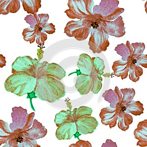 Green Hibiscus Leaves. Purple Seamless Textile. Colorful Flower Texture. White Watercolor Set. Red Pattern Painting. Pink Tropical