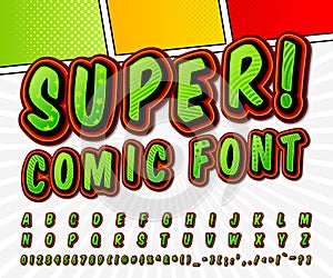 Green high detail comic font, alphabet. Comics, pop art