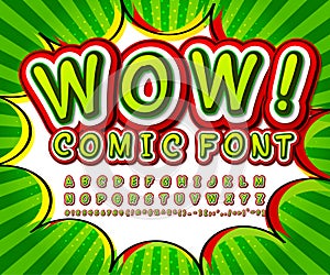 Green high detail comic font, alphabet. Comics, pop art