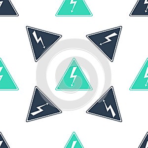 Green High voltage sign icon isolated seamless pattern on white background. Danger symbol. Arrow in triangle. Warning
