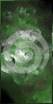 Green highlighted curls of various sizes are layered against a black background. Abstract vertical fractal background. 3d