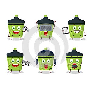 Green highlighter cartoon character are playing games with various cute emoticons