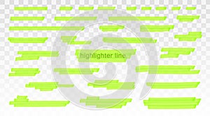 Green highlighter lines set isolated on transparent background. Marker pen highlight underline strokes. Vector hand