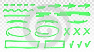 Green highlighter set - lines, arrows, crosses, check, oval, rectangle isolated on transparent background. Marker pen