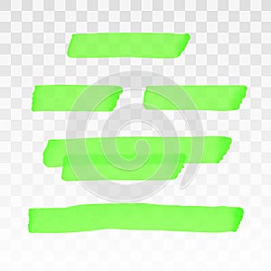 Green highlighter transparent brush lines set. Marker highlight underline stripes isolated on transparent background