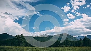 Green hill on background a blue sky