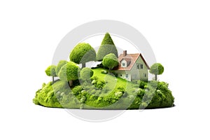 green hill with house and tree on transparent background, png file