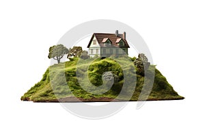 green hill with house and tree on transparent background, png file