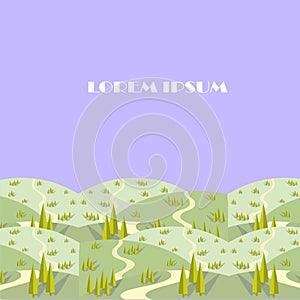 Green hill tree roads on blue background Lorem Ipsum. Flat design