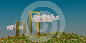 a green hill with two yellow frames and a cloud in the sky above it, and a green hill with flowers and grass, 3D render,