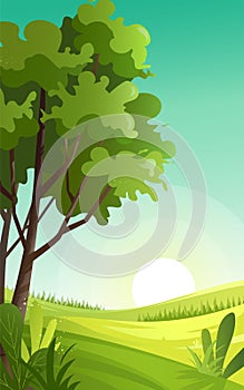 Green hills landscape with sunrise on the horizon, nature scenery vector illustration