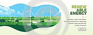 Green hills nature landscape Eco friendly technology, wind turbine, renewable alternative energy, sustainable environment banner