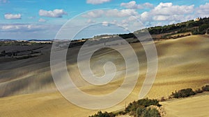 Green hills, olive gardens and small vineyard under rays of morning sun, Italy, Tuscany, San Quirico D`Orcia. Famous Tuscany