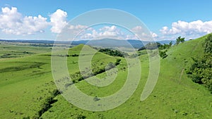 Green hills in the spring, countryside meadow from above, aerial view