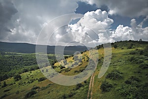 Green hills in spring on an overcast day