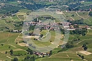 Green hills and vineyards of Piedmont, Italy.