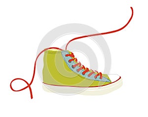 Green hipster youth sneaker with red shoelace isolated