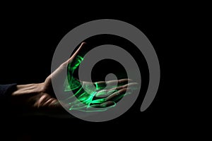 Green hologram of hand palm on black background. Generate ai