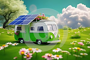 Green home - Camping car with solar panels. Green energy concept with environment roadsign showing alternative to CO2 and