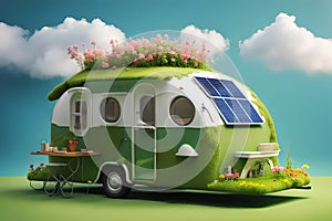 Green home - Camping car with solar panels. Green energy concept with environment roadsign showing alternative to CO2 and