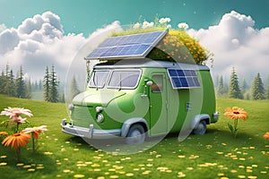 Green home - Camping car with solar panels. Green energy concept with environment roadsign showing alternative to CO2 and