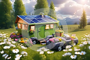 Green home - Camping car with solar panels. Green energy concept with environment roadsign showing alternative to CO2 and