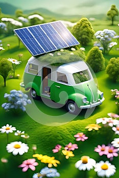 Green home - Camping car with solar panels. Green energy concept with environment roadsign showing alternative to CO2 and