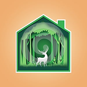 Green home with deer wildlife and forest.Ecology and environment conservation concept.Paper art vector illustration
