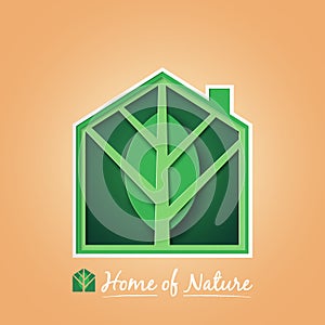 Green home with green leaf in nature background.Ecology and environment conservation concept.Paper art vector illustration