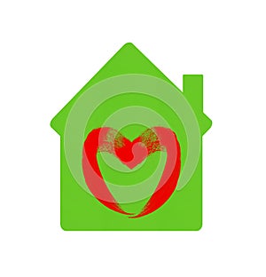 Green home icon with heart symbol isolated on white