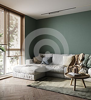 Green home interior with white sofa, table and decor in living room, 3d render