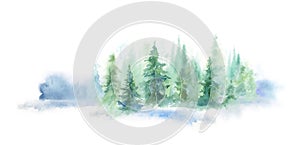 Green horizontal landscape of foggy forest, winter hill. Wild nature, frozen, misty, taiga. watercolor background