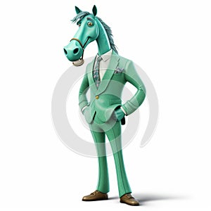 Green Horse Character: Satirical Cartoon Style With Hyper-realistic Details