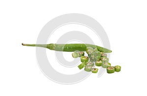 Green hot chili peppers with slices isolated on white background