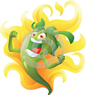 Green hot pepper on fire cartoon