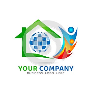 Green house community model abstract, family together real estate logo vector.