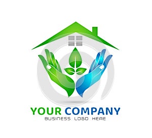 Green house community model abstract, leaf in hands real estate logo vector.