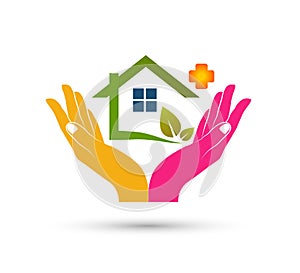 Green house community model abstract, leaf in hands real estate logo vector.