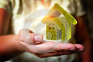 A green house floating over woman`s hand