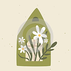 Green house growing flowers, home gardening illustration. Organic and nature inspired product concept art