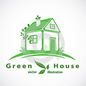 Green house with leaves logo. Eco home. eps10 vector