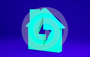 Green House and lightning icon isolated on blue background. Home energy. Minimalism concept. 3d illustration 3D render