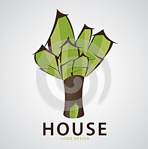 Green House logo design illustration,Tree house, web icon, Ecology sign