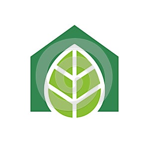 Green house logo, green leaf and home icon, eco friendly house icon