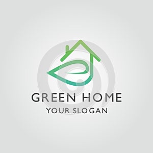 Green house logo vector with leaf and home concept.