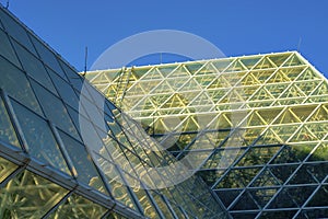 Green house with metal fastenings and girders with glass pannels in geometric fashion with ladders and steps on exterior