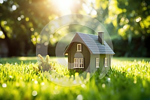 Green house model on the grass in a garden. The concept of real estate