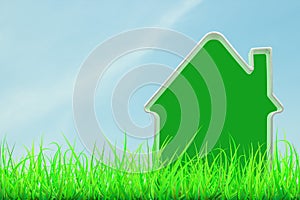 Green house model in green grass against blue sky background. Green house concept