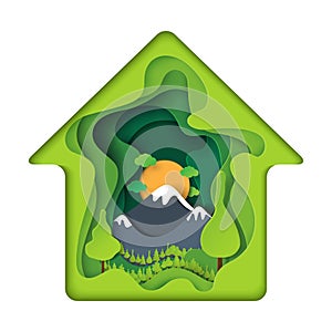 Green house with nature landscape abstract paper art background