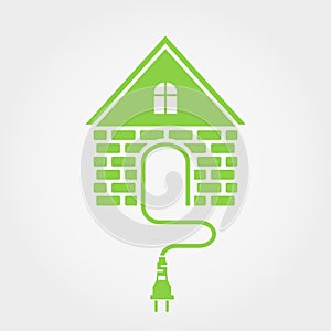 Green house with socket, home electricity icon